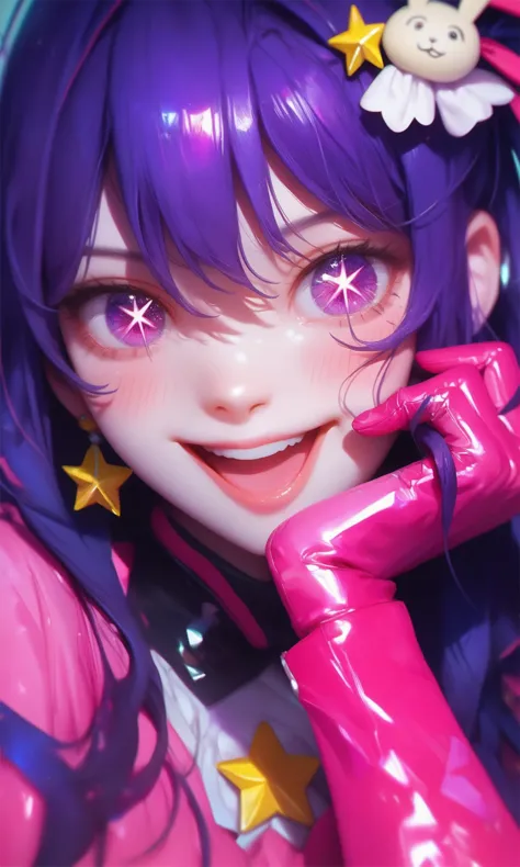 a close up of a person with purple hair and a pink outfit