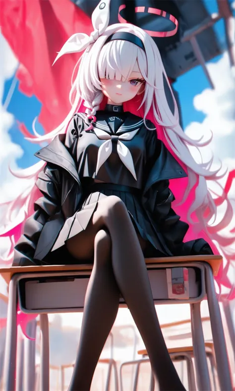 sscore_9,score_8_up,absurdres,sitting,feet,long_sleeves,black_sailor_collar,blush,cloudy_sky,solo,white_neckerchief,black_choker,open_coat,hair_over_one_eye,crossed_legs,closed_mouth,signature,black_pantyhose,black_skirt,black_hairband,outdoors,highres,black_coat,black_serafuku,school_desk,1girl,pleated_skirt,plana_\(blue_archive\),looking_at_viewer,no_shoes,