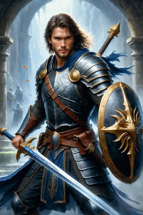 a man in armor holding a sword and shield