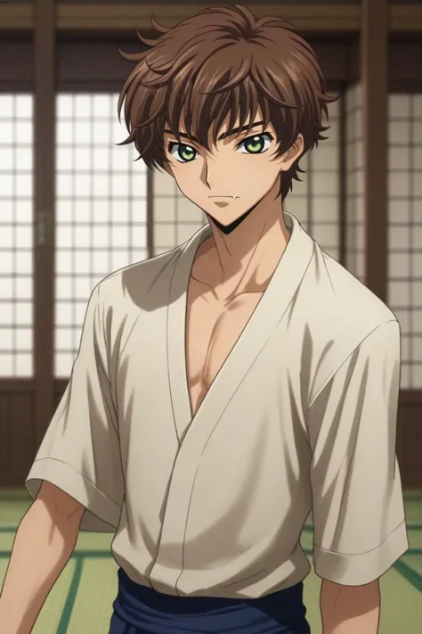 score_9, score_8_up, score_7_up, source_anime, rating_safe, intricate details, , looking at viewer, depth of field, 1boy, solo, male focus, <lora:suzaku_kururugi_pony:0.9>, suzaku_kururugi, brown hair, green eyes, upper body, dojo, noon, standing on one leg, skin fang, , <lora:sdxl_lightning_8step_lora:1>