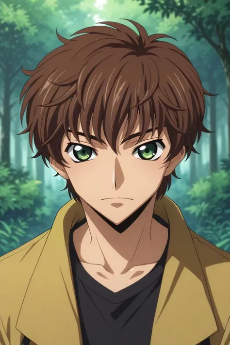 a man with brown hair and green eyes standing in front of trees