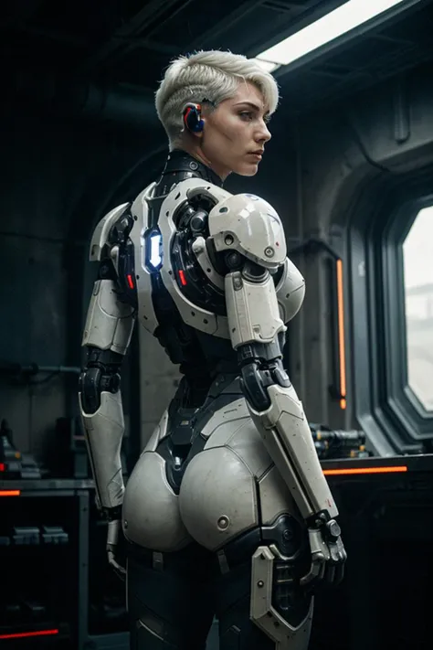 Cinematic film still, rear angle, of a [Cyborg|woman] soldier with short white hair, mechanical joints, wearing futuristic cyber...