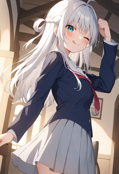 1girl,sincos, ningen mame, toosaka asagi,solo,medium breasts,school uniform,
tehepero, dojikko pose, <lora:tehepero_XL_v1:0.7>
tongue out, one eye closed, arm up, hand up,
dutch angle, panorama shot, looking back, white hair, green eyes,full face blush, abbey, ringlets hair,,
best quality, very aesthetic, absurdres,