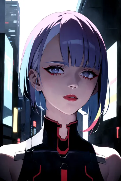 anime girl with blue hair and purple eyes in a city