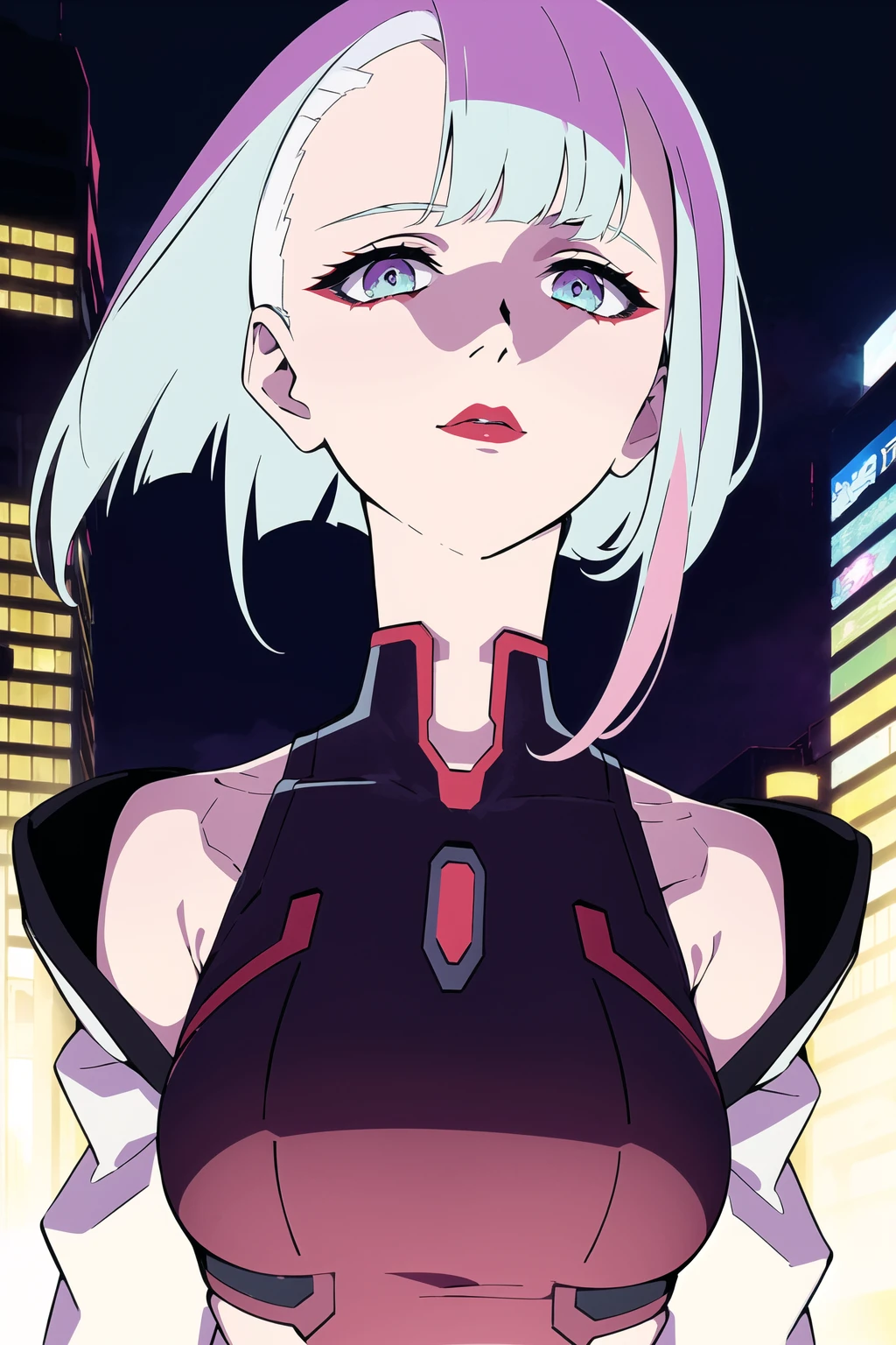 masterpiece, best quality, lucy \(cyberpunk\), bob cut, short hair, asymmetrical hair, multicolored hair, 1girl, solo, pale skin, red lips, detached sleeves, beautiful eyes, upper body, outdoors, looking at viewer, beautiful and aesthetic, official art, professional illustration, hires, amazing, absurdres