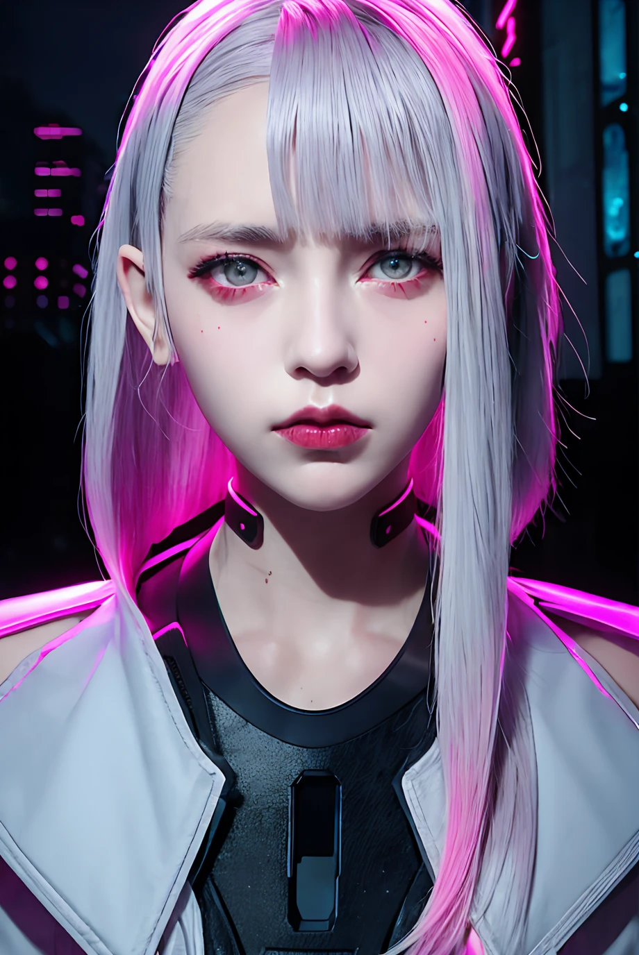 lucy \(cyberpunk\), 1girl,  hair scrunchie, hime cut, silver hair, colored tips, full moon, grey eyes, jacket, long sleeves, looking at viewer, medium hair, multicolored hair, parted bangs, parted lips, pink hair, portrait, red eyeliner, red lips, solo, white jacket, cyberpunk \(series\), rainy night in a cyberpunk city with glowing neon lights

 