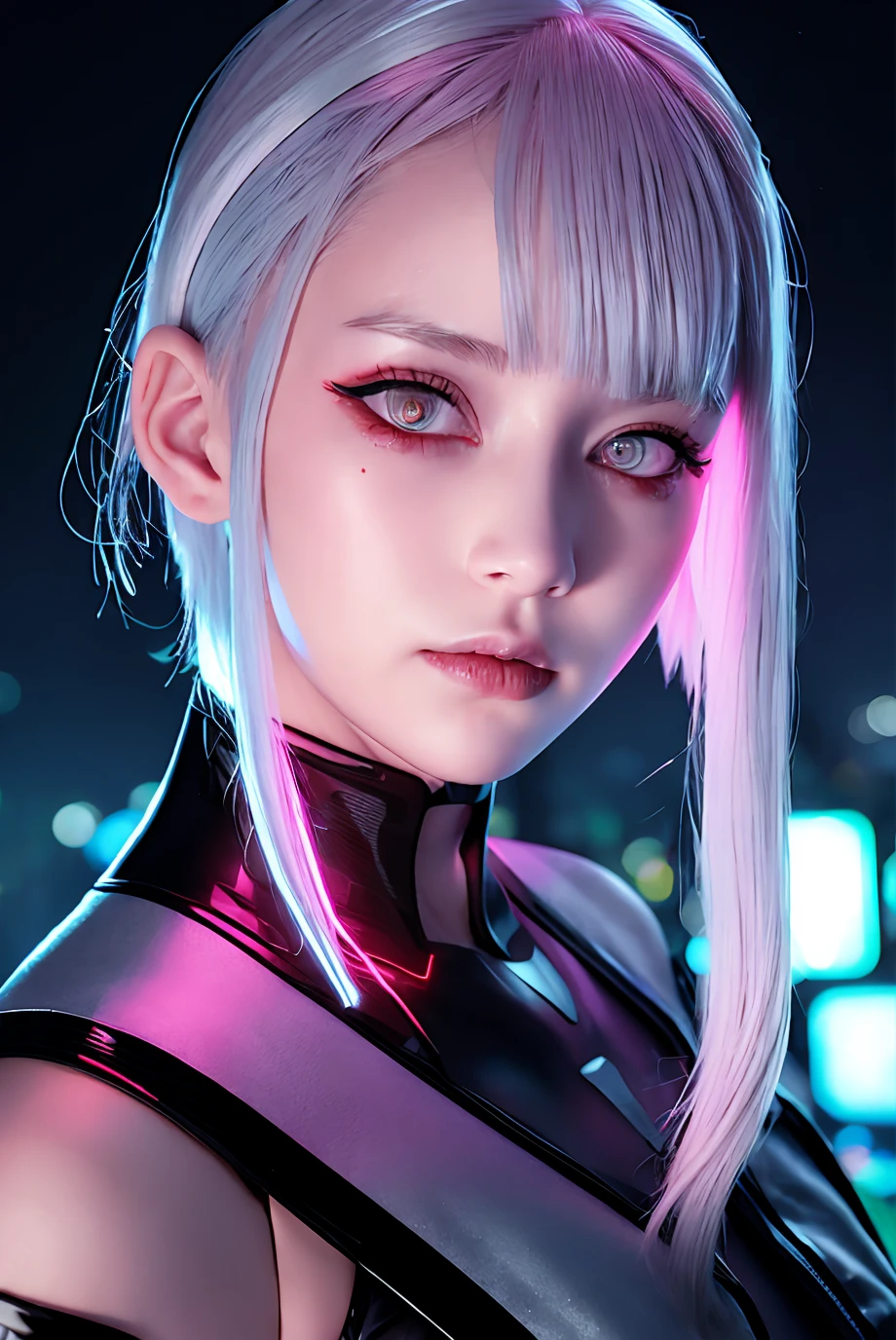 Lucie \(cyberpunk\), 1fille,  chouchou pour cheveux, lui coupé, cheveux argentés, conseils colorés, pleine lune, yeux gris, veste, manches longues, regarder le spectateur, cheveux moyens, Cheveux multicolores, frange séparée, lèvres entrouvertes, cheveux roses, portrait, eye-liner rouge, lèvres rouges, seulement, white veste, cyberpunk \(série\), nuit pluvieuse dans une ville cyberpunk avec des néons lumineux

 