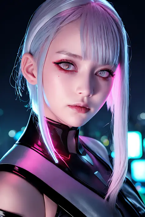 lucy \(cyberpunk\), 1girl,  hair scrunchie, hime cut, silver hair, colored tips, full moon, grey eyes, jacket, long sleeves, looking at viewer, medium hair, multicolored hair, parted bangs, parted lips, pink hair, portrait, red eyeliner, red lips, solo, wh...