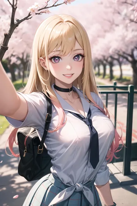 (anime style),masterpiece, best quality, ultra-detailed, glistening shiny, glowing light, ray tracing, HDR, deph of field, (perfect face, detailed face, detailed eyes),(medium boobs:1.2),8k,HD,ultra realistic face,ray tracing,perfect lighting,best quality, ultra-detailed, shiny eyes, (looking at viewer,sensual smile:1.1), ((1girl)), (gyaru, mature female:1.4),hourglass_body shape,
marin,long hair,((gradient hair)),multicolored eyes, gradient eyes, (glowing eyes:1.1), mascara, (fashion make up), parted lips,skirt, shirt, jewelry, school uniform, white shirt, pleated skirt, earrings, necktie, choker, grin, bracelet, blue skirt, plaid,black choker, plaid skirt, piercing, ear piercing, bright pupils,tied shirt, bead bracelet,
((school, school gate, cherry trees, cherry blossoms, flying petals)),complex background,((super detailed background)), sensual poses((8k wall paper)), ((8k wallpaper)) ,   <lora:marin:1>