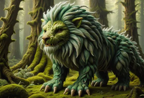 hyper detailed masterpiece, dynamic, awesome quality,zwuul, male  troll, mythical humanoid being,large, strong, 8 to 10 feet tall, deep forests, thick warty green skin, large nose, pointy ears, jutting jaw, prominent teeth, deep-set glowing eyes, long wild hair, claws, fantasy, stooped posture  <lora:zwuul:0.85>