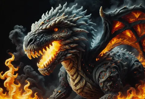 a close up of a dragon with fire in its mouth