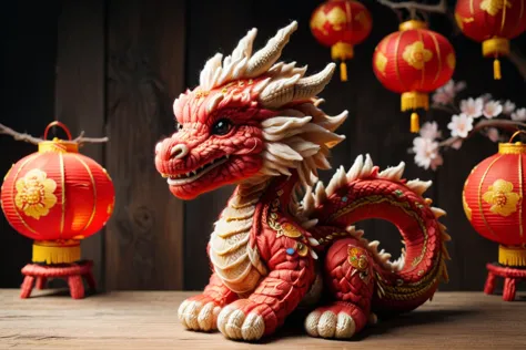 cute little chinese baby dragon made of zwuul sitting on a wooden table, chinese lanterns, chinese home, chinese new year decora...