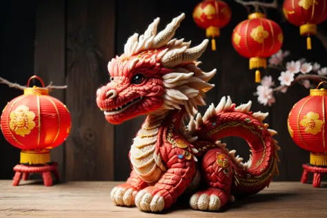 adorable petit dragon chinois fait de zwuul assis sur une table en bois, Lanternes chinoises, maison chinoise, Décoration du nouvel an chinois, profondeur de champ, extrêmement détaillé, vue de côté,
