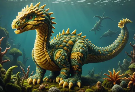 hyper detailed masterpiece, dynamic, awesome quality,zwuul, nessie, cute earth toned,yellowish cryptid iconic elusive plesiosaur...