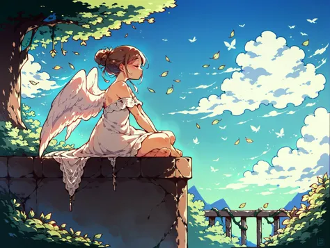 score_9,score_8_up,score_7_up,score_6_up,score_5_up,score_4_up,1girl,solo,long hair,brown hair,dress,bare shoulders,sitting,closed eyes,outdoors,wings,sky,barefoot,day,cloud,hair bun,white dress,tree,blue sky,profile,leaf,single hair bun,plant,feathered wings,angel wings,white wings,angel,vines,ruins,balcony,sad <lora:Himukai_Yuuji_XL:0.8>,