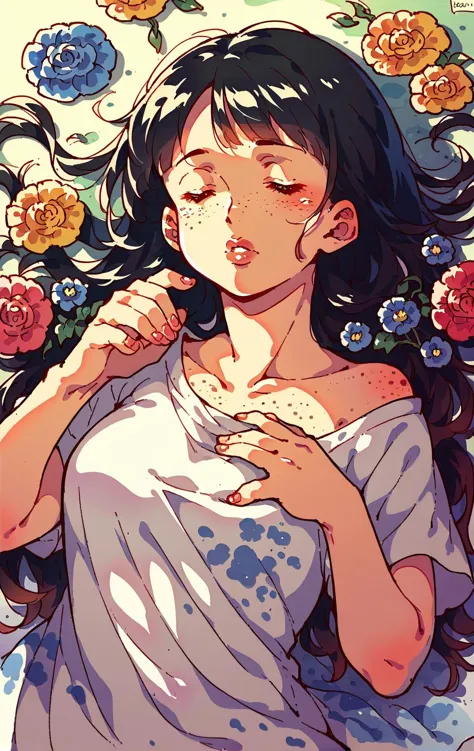 anime girl with long hair and white shirt with flowers in background