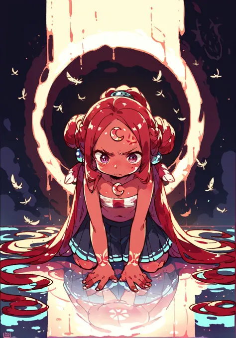 a cartoon girl with long red hair and a pink wig sitting on the ground