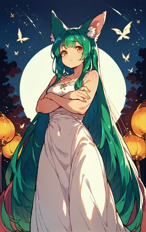 a woman with long green hair and a cat ears is standing in front of a full moon