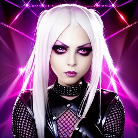 a close up of a woman with white hair and a black outfit