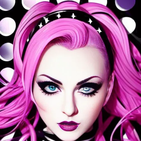 a close up of a woman with pink hair and a black and white polka dot background