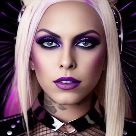 a close up of a woman with a purple makeup and a black top