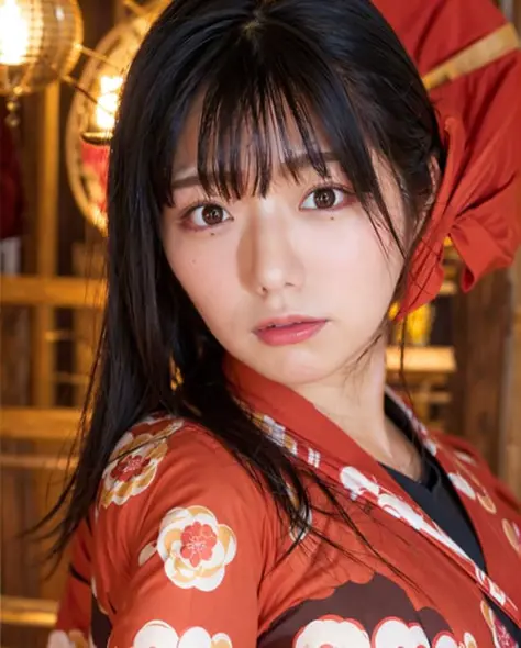 best quality, photorealistic, 8k, high res, 1girl, woman, (professional lighting), (portrait:0.6), (red kimono dress:1.72), gorgeous, black hair, (short hair:1.2), (1girl eyes looking at viewer:1.4), ((looking at viewer:1.6)), (looking at the camera), photorealistic, (bokeh), (portait:0.6), (dynamic pose:1.2), sfw, <lora:grav-kana:0.81>