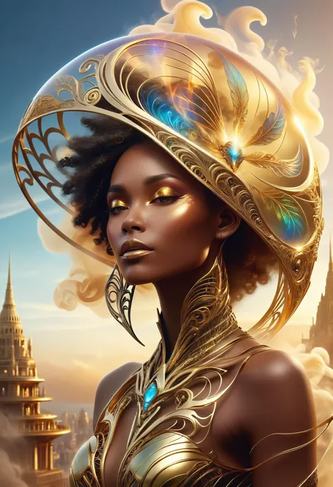 ethereal fantasy concept art of  TransformersStyle, [: portrait floating fairy (made of smoke:1.2), afrofuturism gold face tribal tattoo:5] [giant hat::8], selective focus, vray tracing, [faberge::12] metallic shell structure wrapped around, filigree, rainbowcore,  fractal patterns BREAK sunset, city, magical ambient <lora:XL_TransformersStyle-000009:0.8> . magnificent, celestial, ethereal, painterly, epic, majestic, magical, fantasy art, cover art, dreamy