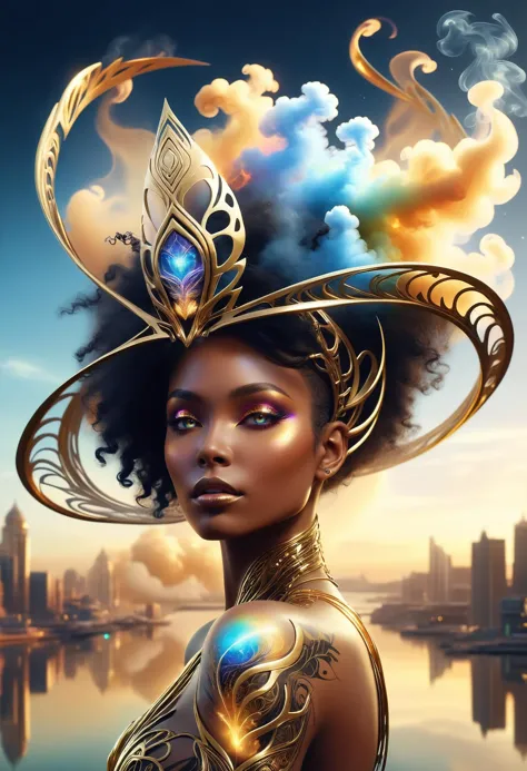 ethereal fantasy concept art of  TransformersStyle, [: portrait floating fairy (made of smoke:1.2), cyberpunk art, afrofuturism gold face tribal tattoo:5] [giant hat::8], selective focus, vray tracing, [faberge::12] metallic shell structure wrapped around, filigree, rainbowcore,  fractal patterns BREAK sunset, city, magical ambient <lora:XL_TransformersStyle-000009:0.8> . magnificent, celestial, ethereal, painterly, epic, majestic, magical, fantasy art, cover art, dreamy