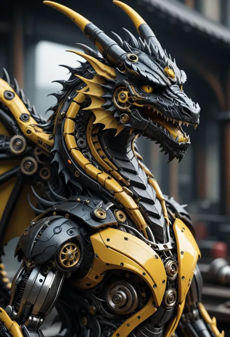 a close up of a yellow and black dragon statue on a street