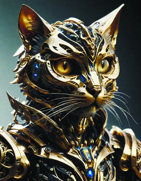 a close up of a cat statue with a gold and blue design