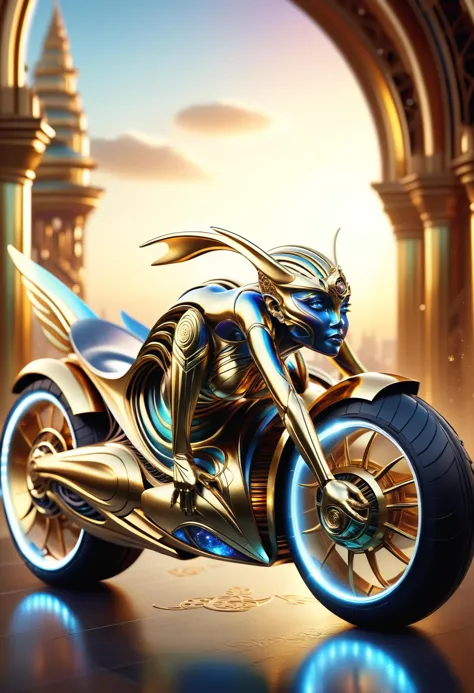 a close up of a motorcycle with a gold body and a blue helmet