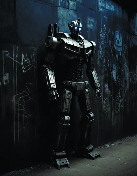 arafed robot standing in front of a wall with graffiti