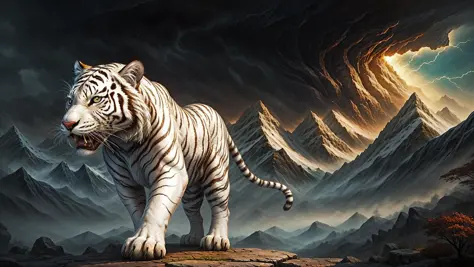 light white tiger, mountains, thunder, myth, abstract, fantasy, light magic  <lora:copax_white_tiger_v1:0.4>