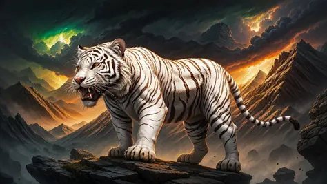 white tiger, mountains, thunder, myth, abstract, fantasy, light magic  <lora:copax_white_tiger_v1:0.4>