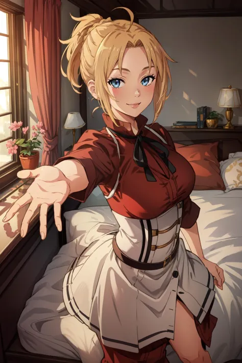 (masterpiece, best quality),  intricate details,
 1girl,   Zenith_aiwaifu, blond hair, ponytail, red dress, large breasts, 
reaching towards viewer,  seductive smile, indoors, bedroom, bed,