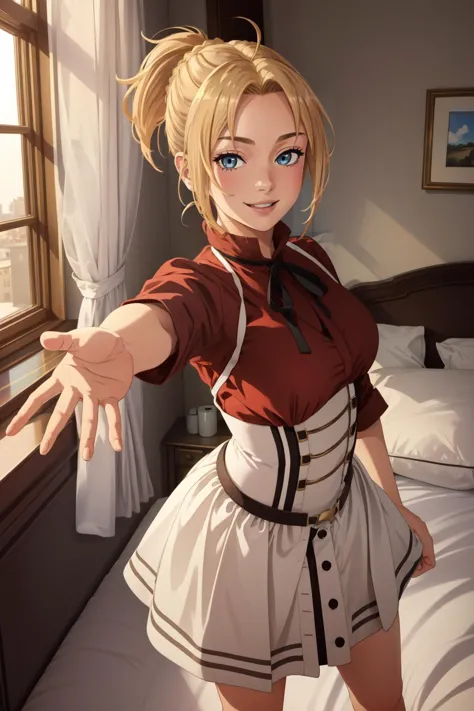 (masterpiece, best quality),  intricate details,
 1girl,   <lora:ANIME_Zenith_aiwaifu-10:0.8> Zenith_aiwaifu, blond hair, ponytail, red dress, large breasts, 
reaching towards viewer,  seductive smile, indoors, bedroom, bed,