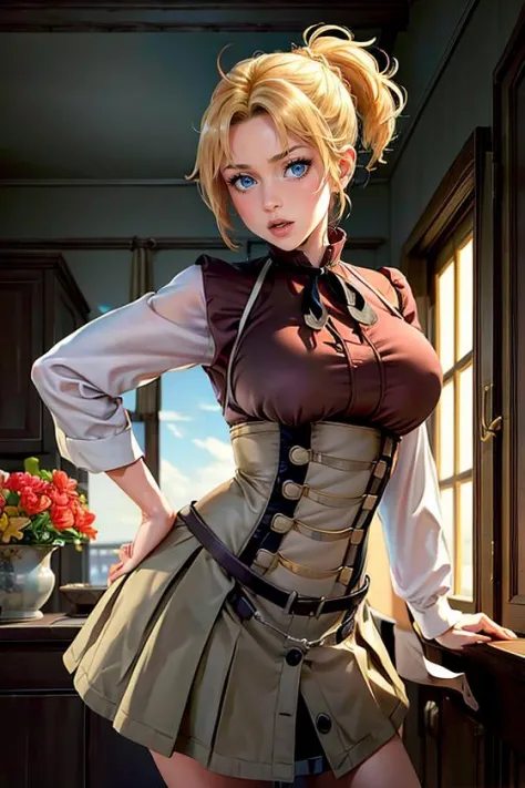 (masterpiece:1.4),(best quality:1.4),(absurdres:1.4),pin-up,Zenith_aiwaifu,blonde hair,ponytail,blue eyes,short hair,large breas...