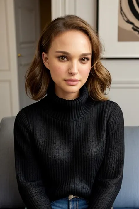 a woman sitting on a couch wearing a black turtle neck sweater