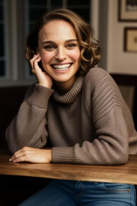 a woman sitting at a table with a cell phone to her ear