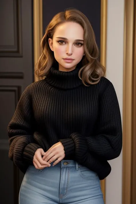 a woman in a black turtle neck sweater and jeans