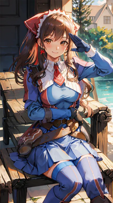 masterpiece, best quality, alicia melchiott, headdress, red necktie, military uniform, blue thighhighs, brown gloves, sitting, wooden bench, looking at viewer, smile, salute <lora:alicia-nvwls-v1-final:0.9> alicia melchiott, headdress, red necktie, military uniform, blue thighhighs, brown gloves,