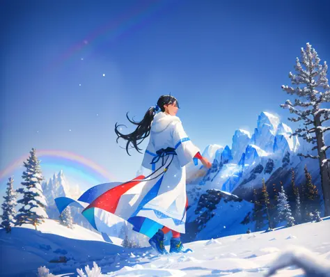 1 male solo, tanned skin, black hair, (ponytail:1.0), walking in snow, tribal clothing, (blue sky), icy, rainbow, snowing , tres...