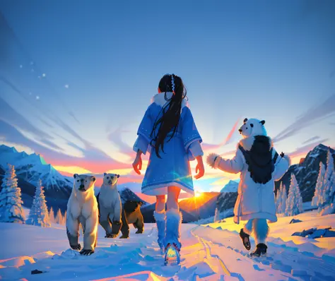 1 male solo, tanned skin, black hair, (ponytail:1.0), walking in snow, tribal clothing, (blue sky), icy, snowing, sunset, tress, winter, mountainous, beautiful colors, ((polar bears walking)), cold, ((ice background)), blue, caustics, cinematic lighting, HDR, (volumetric lighting), (blurry foreground:1.3), (sharp focus:1.1),