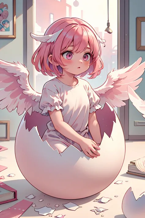 (masterpiece, best quality), 1girl, <lora:concept_hatching-v2:1> hatching, eggshell, pink hair, angel wings,