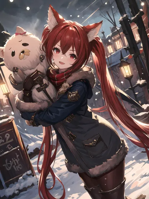 anime girl with red hair holding a teddy bear in a snowy street