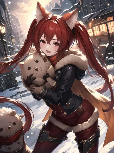 anime girl with red hair and a furry cat on her shoulder