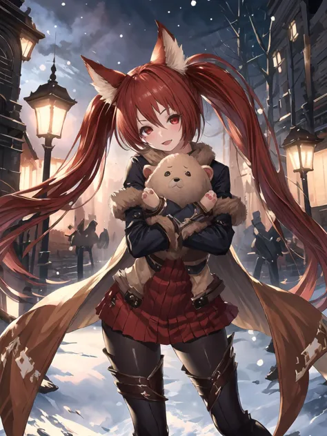 a woman with long red hair and a furry animal in her arms