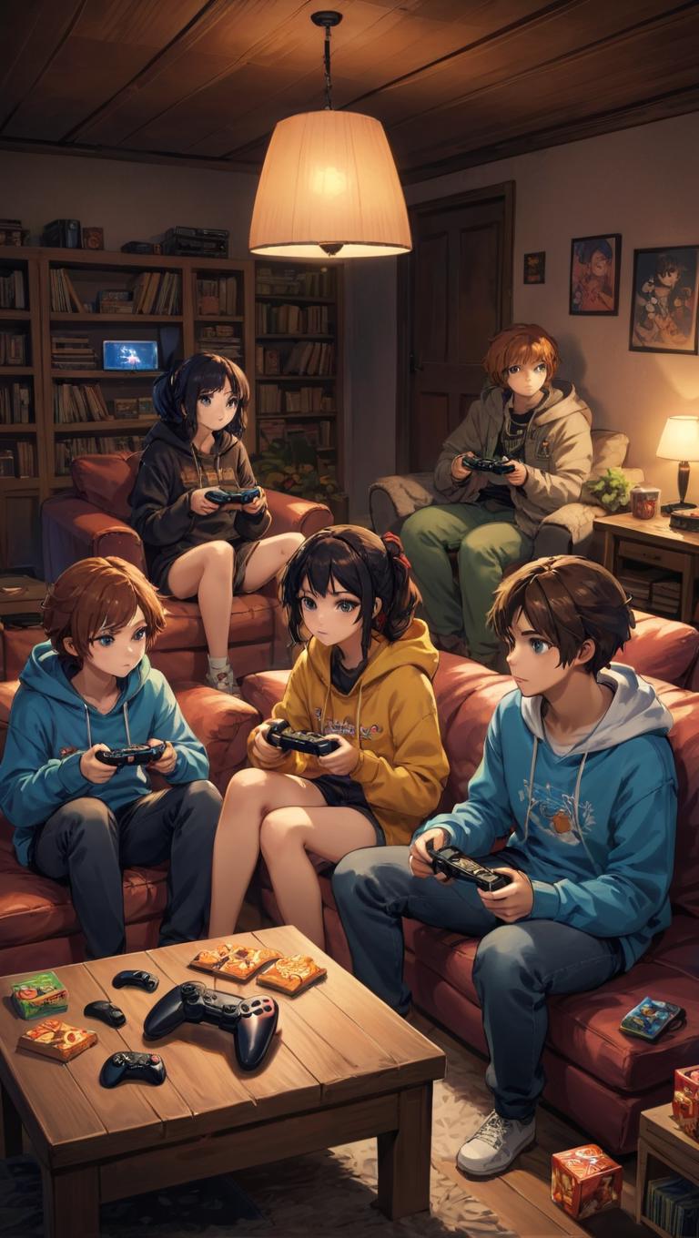 A group of people sitting on a couch playing video games - SeaArt AI