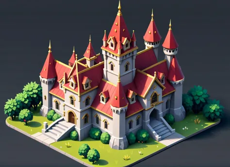 casual illustration of tark castle with spikey roofs,, red and gold, ,  isometric, award winning illustration,  playrix  