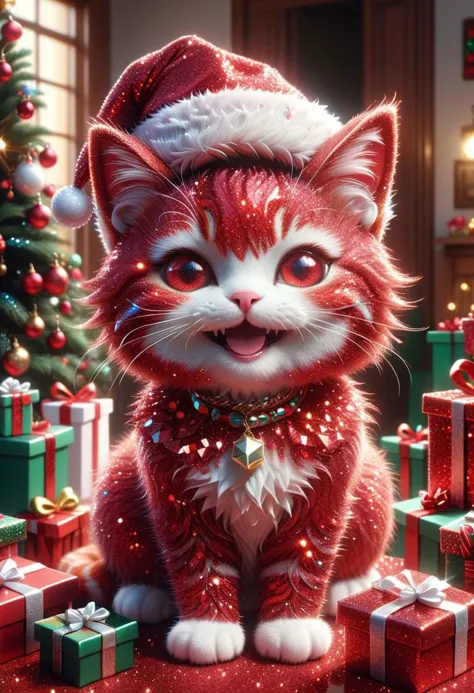 4k, 8K, 超詳細, 傑作, 聖誕節自己, 即時呈現, 有, 項鍊, 可愛的, 卡哇伊, 紅色閃光,
毛貓收到一張聖誕禮物後的反應是純粹的高興, 從她熱情的肢體語言和臉上快樂的表情就可以看出. 它洋溢著幸福的光芒, 它的眼睛睜大了, 當它急切地探索桌上擺著的一排禮物時，它的微笑從耳朵延伸到耳朵. 其激動的手勢, 也許是拍手或高興地跳躍, 表達了她對大量禮物的無比喜悅, 捕捉聖誕禮物的真正精神.